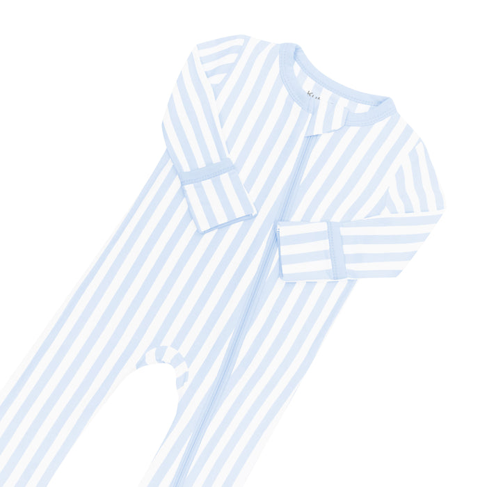 Zipper garage and fold over mittens on the Zippered Romper in Small Mist Stripe